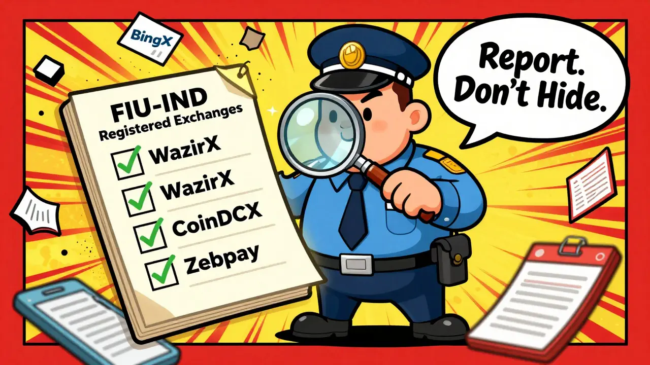 A friendly tax inspector verifies registered exchanges as unregistered ones crumble in vintage cartoon style.