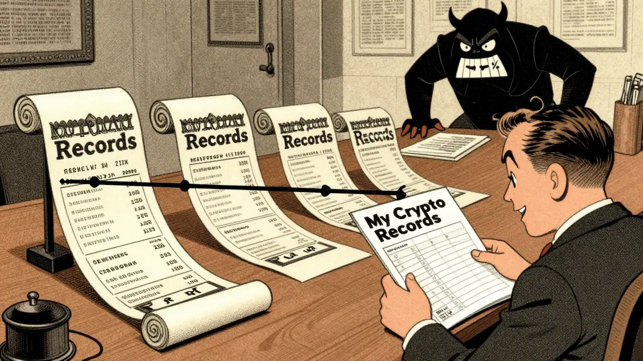 A man maintains six years of crypto records while a penalty monster looms in vintage cartoon style.