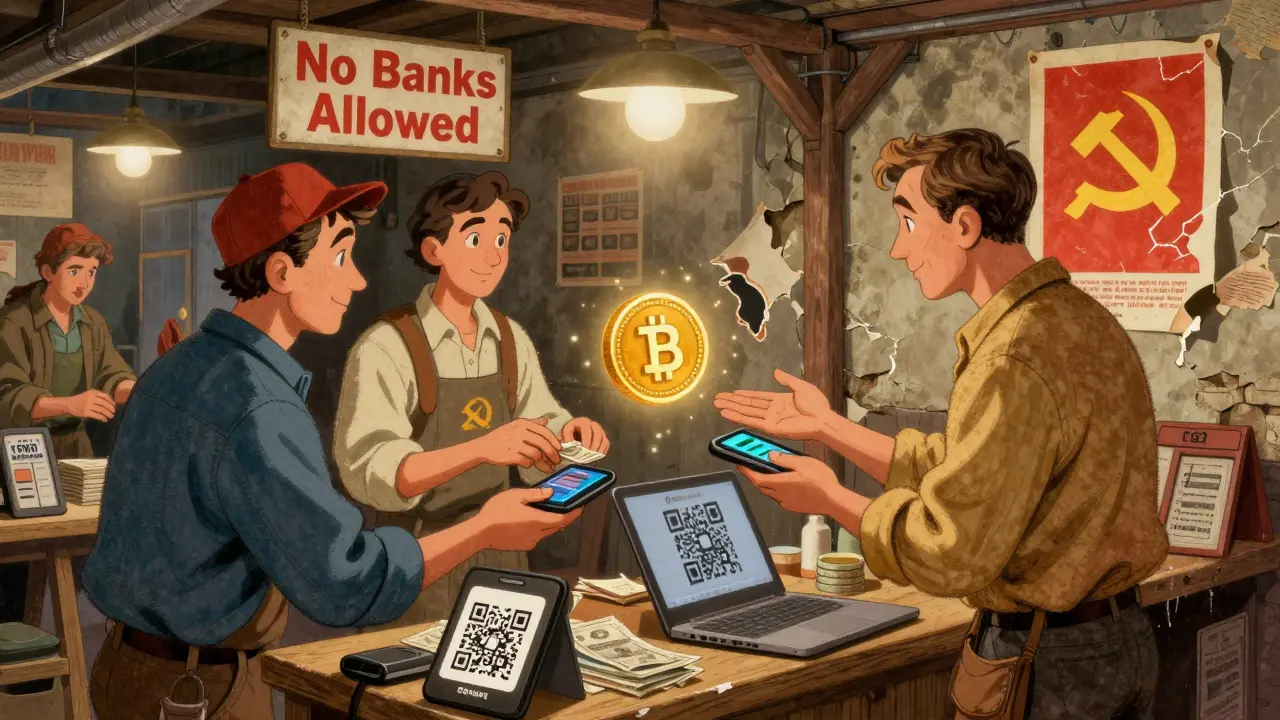 A marketplace in Russia trades goods using USDT QR codes instead of cash, with 'No Banks Allowed' sign in background.