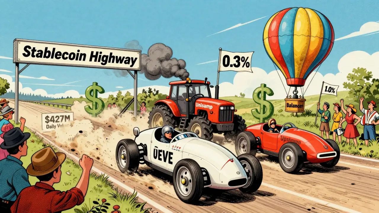A race between three DEXs: Curve as a fast steam car, Uniswap as a tractor, Balancer as a balloon on a stablecoin highway.