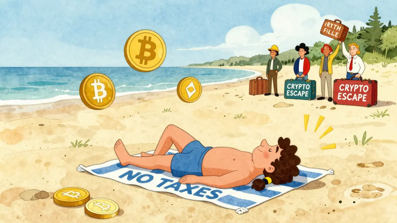 A relaxed person on a Portuguese beach with crypto icons floating nearby, while others pack bags to move there, in soft vintage cartoon style.