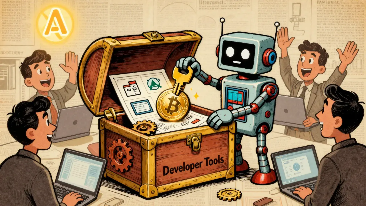 A robot uses an API token to open a treasure chest filled with developer tools.