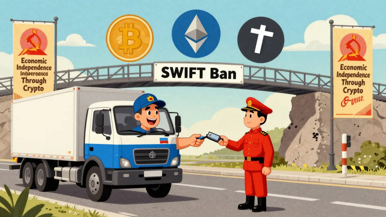 A Russian truck driver exchanges a USB drive with a Chinese partner, symbolizing crypto-powered cross-border trade.