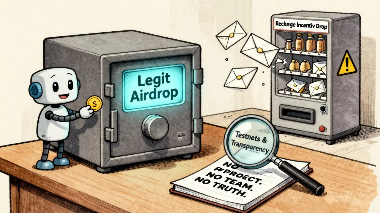 A safe wallet beside a notebook labeled 'Testnets &amp; Transparency' with a broken vending machine labeled 'Recharge Incentive Drop' nearby.