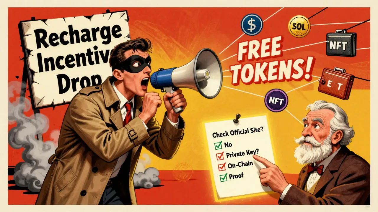 A scammer in a trench coat pulls strings to drain wallets, while a veteran warns against fake airdrops with a checklist.