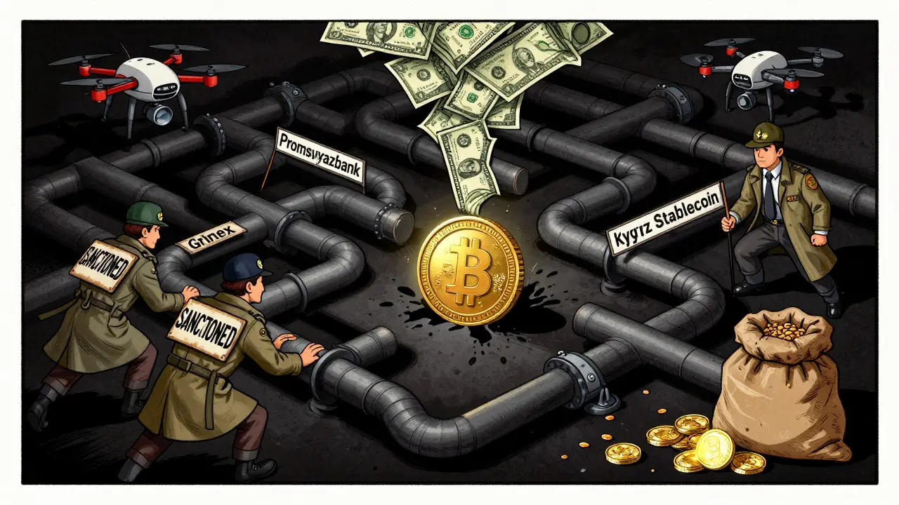 A shadowy network of crypto nodes funneling payments into an A7A5 stablecoin, with U.S. agents trying to block the flow.