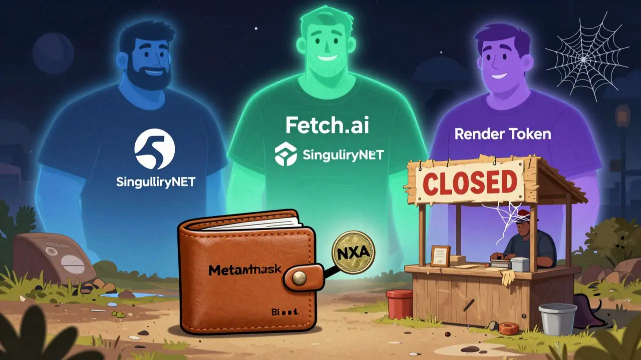 A small wallet trades NXA on a shaky stall while established AI projects tower confidently in the background.