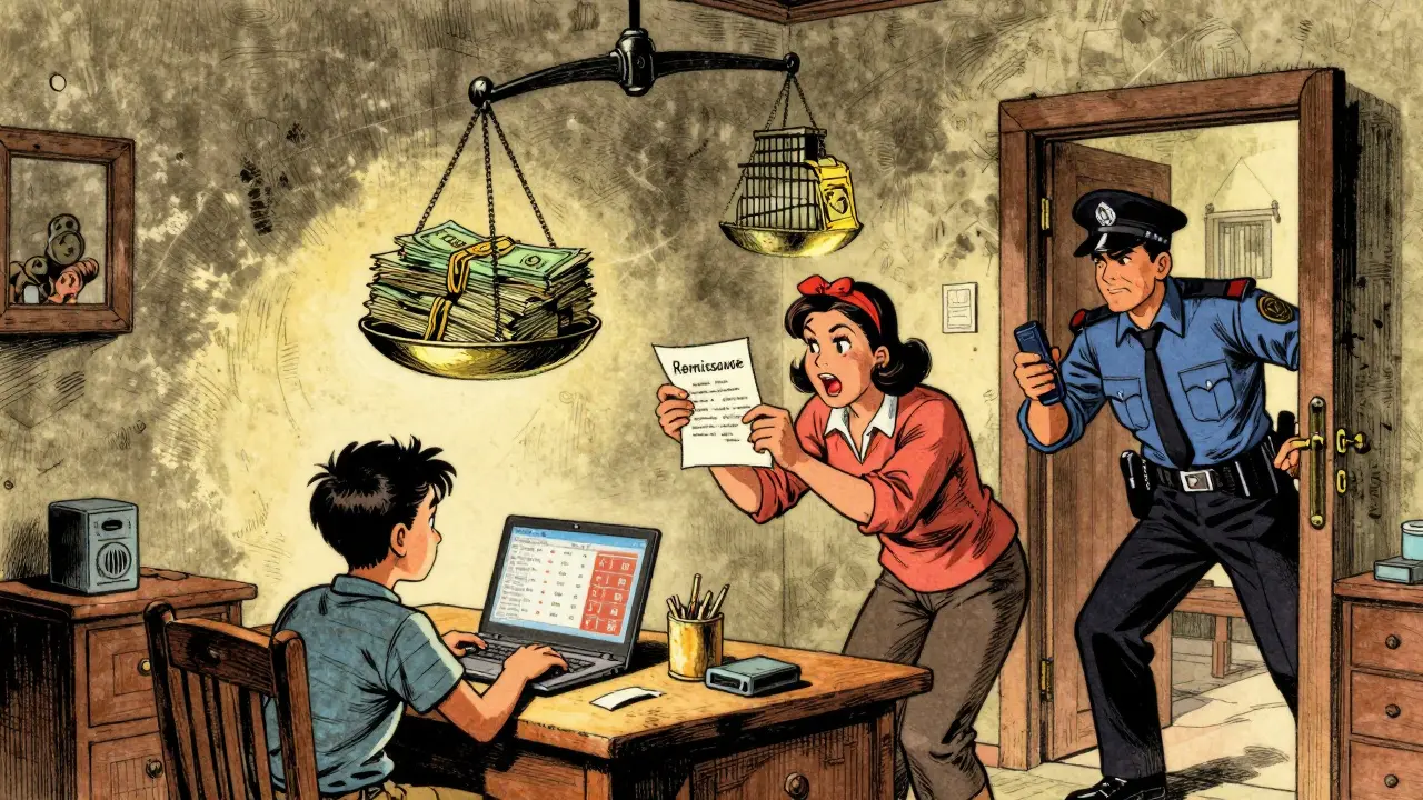 A student and family shocked as police burst in during a crypto-related home raid, depicted in vintage cartoon style.