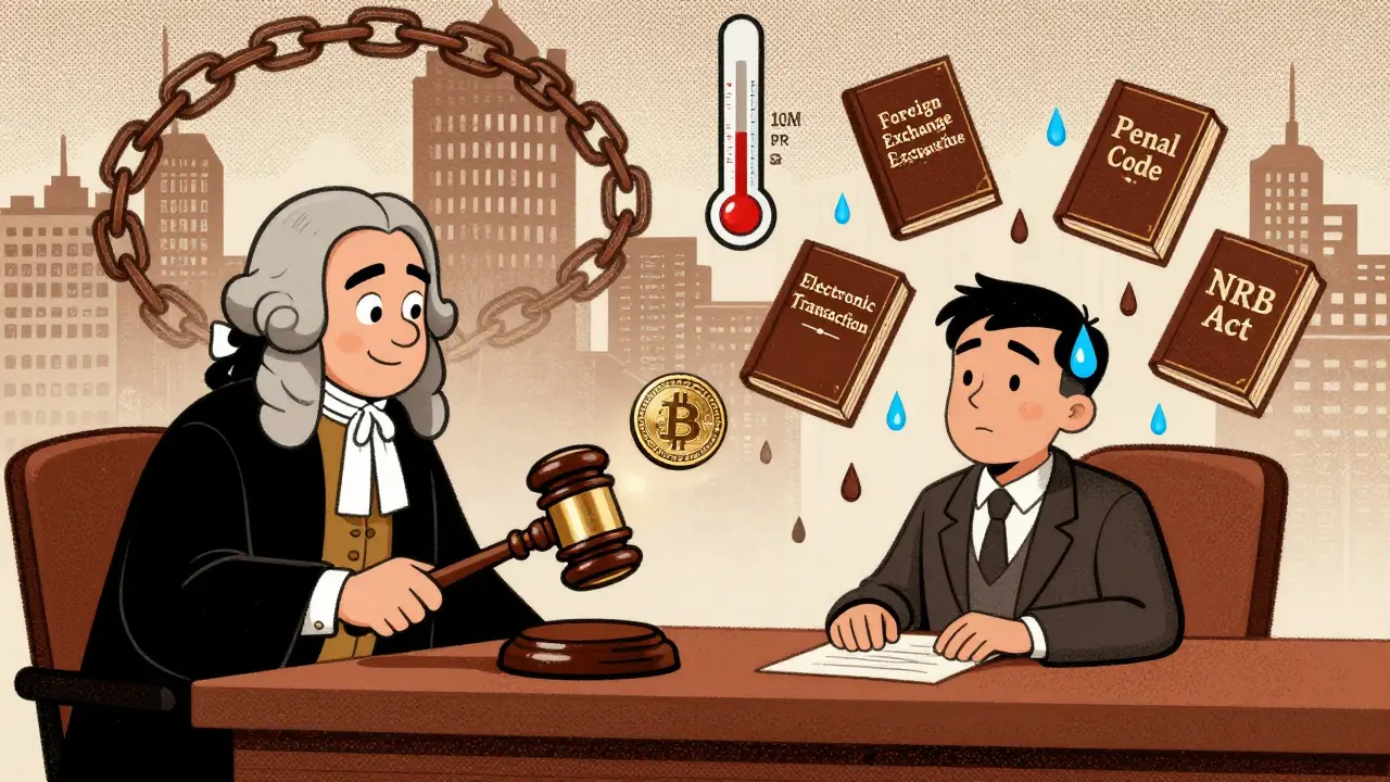 A surreal courtroom where crypto laws overwhelm a defendant, shown in vintage cartoon style with exaggerated legal symbols.