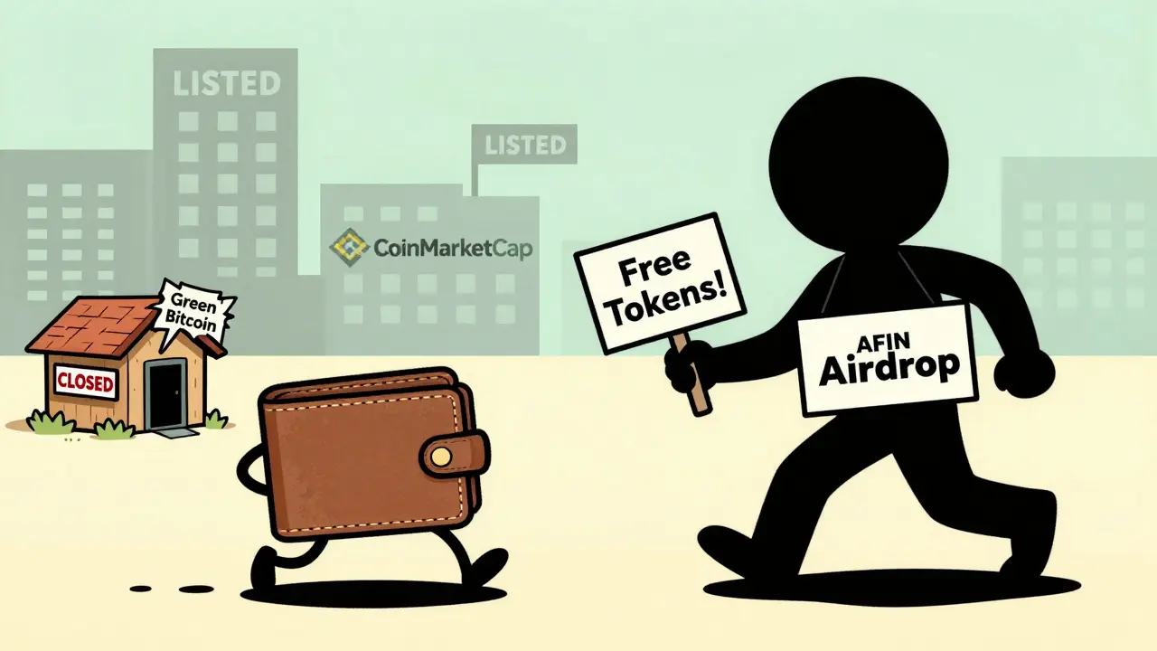 A wallet running from a shadowy 'AFIN Airdrop' figure while major exchanges stand solid nearby.
