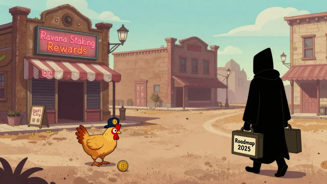 An abandoned DeFi town with a flickering sign and a lone chicken pecking at a single RAVANA token.