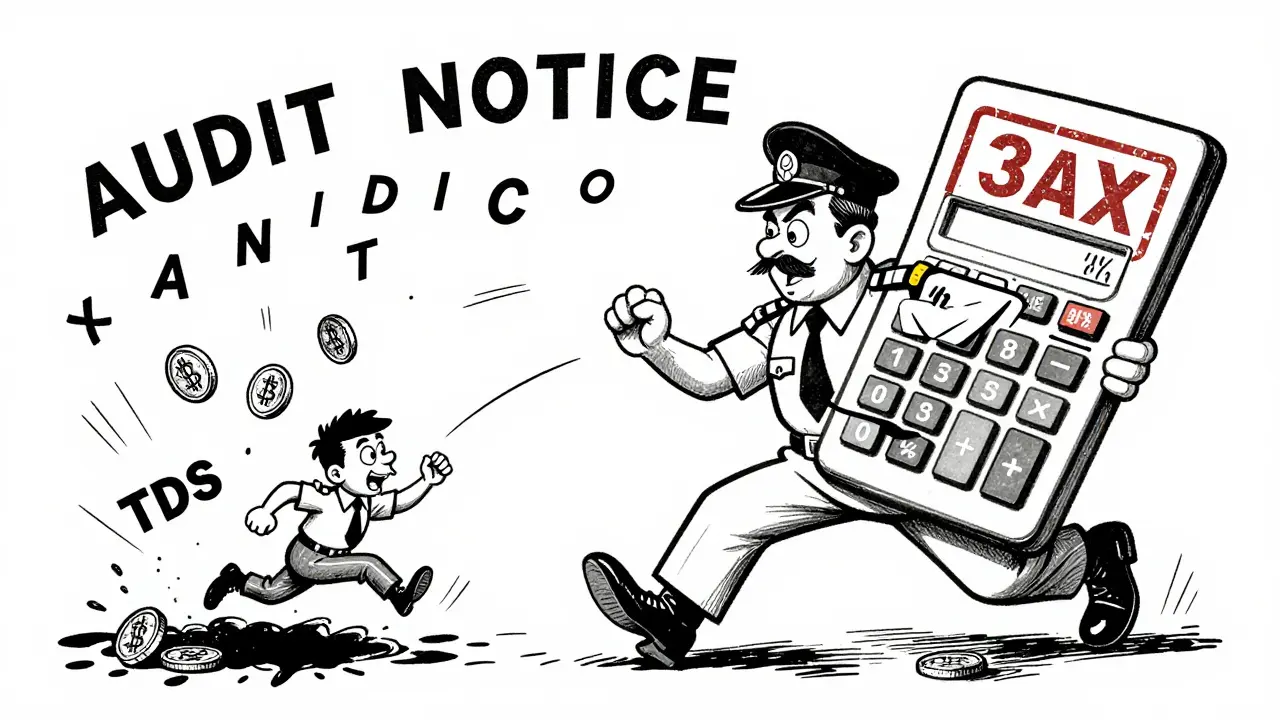 An Indian tax officer chasing a crypto trader with a giant 30% tax stamp and floating audit notices in retro cartoon style.