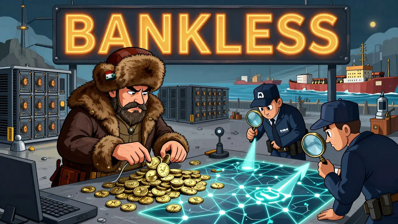 An oligarch sends A7A5 coins to a Syrian contractor while blockchain detectives trace the digital trail on a glowing map.