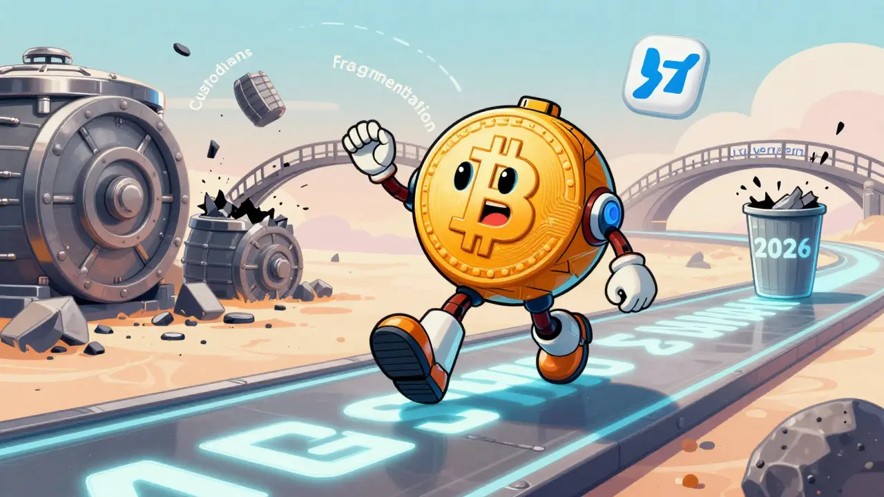 Bitcoin robot shedding wrapped tokens onto a smooth highway, old bridges crumbling into trash.