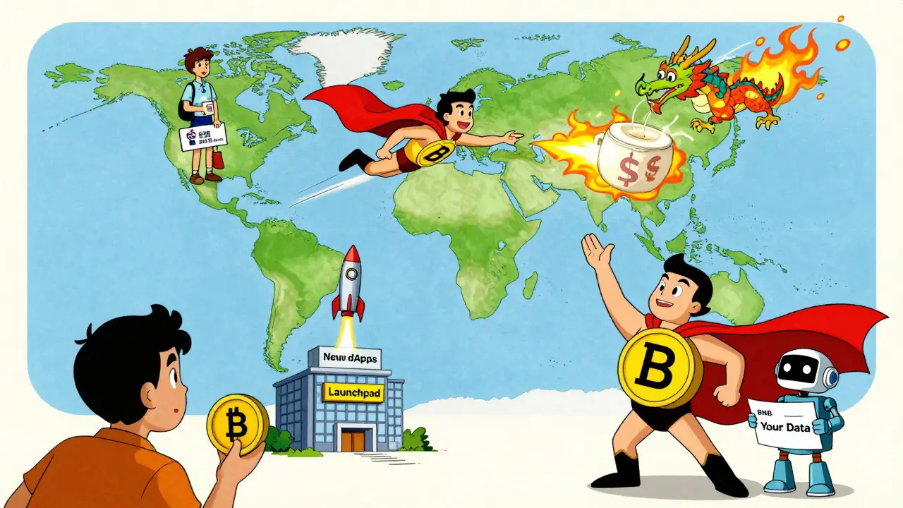 BNB as a superhero cape connecting global users, powering payments, DeFi, and decentralized storage.