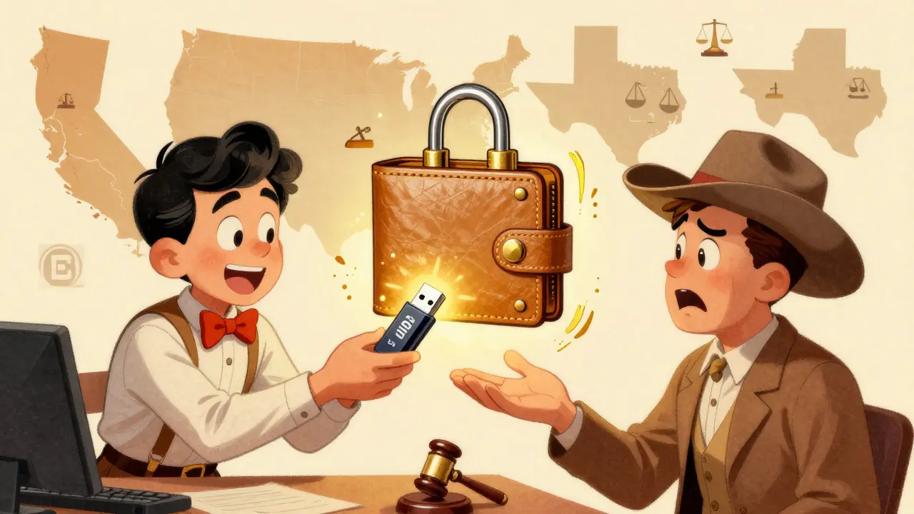 Businessman gives regulated stablecoin to client amid state-specific legal icons.