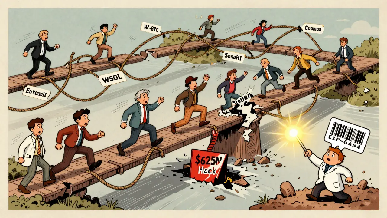 Chaotic cartoon bridge scene with tangled tokens and users falling into a hack pit, hero holding a barcode.