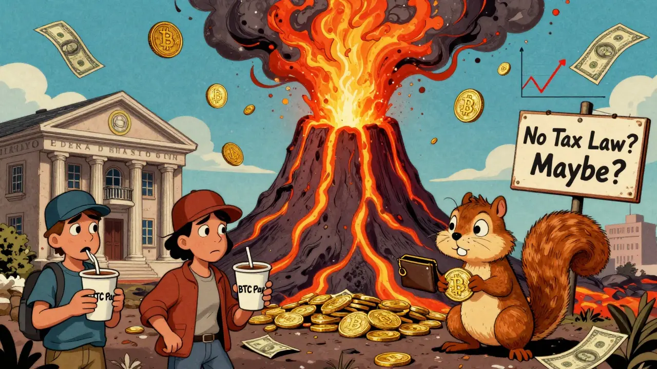 El Salvador volcano erupting Bitcoin coins amid confusion, crumbling bank, and unclear tax signs.
