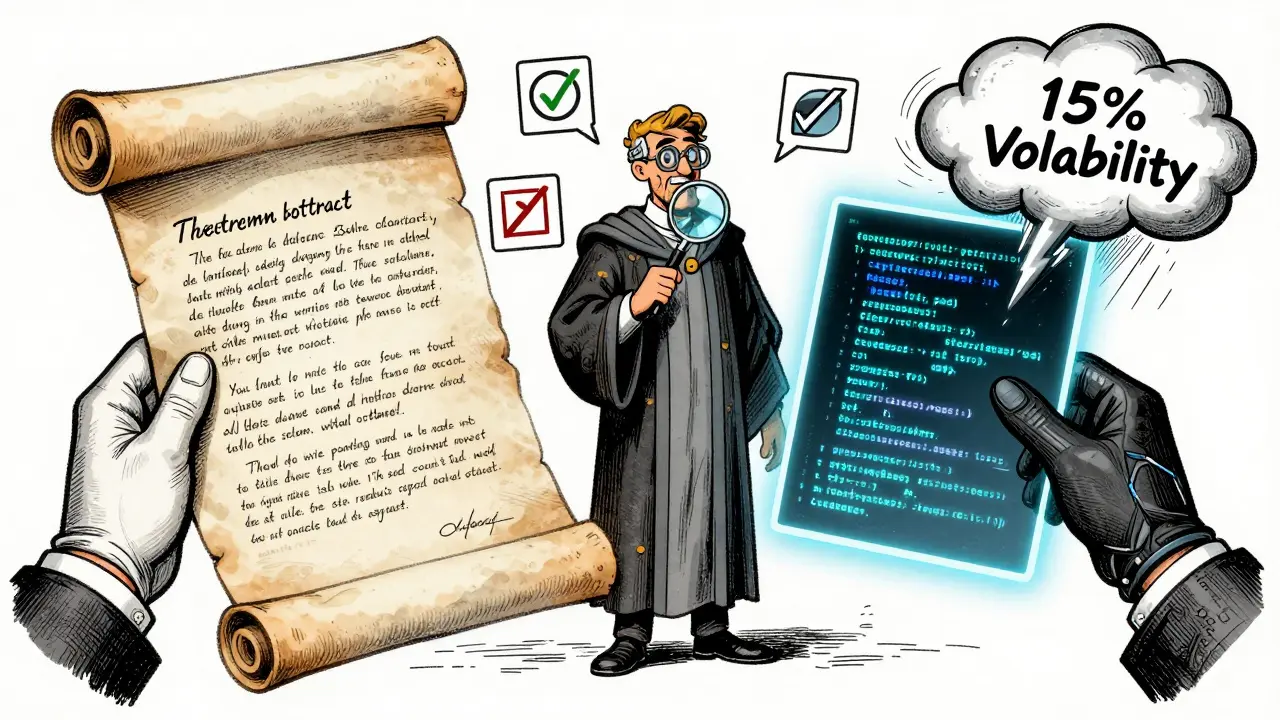 Hybrid paper and digital contract held by two hands with mediator and volatility cloud.