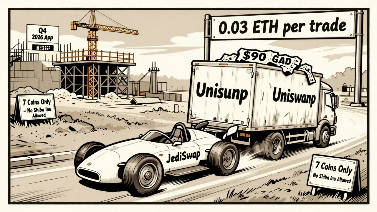 JediSwap race car outpacing Uniswap truck with low fees and limited tokens shown.