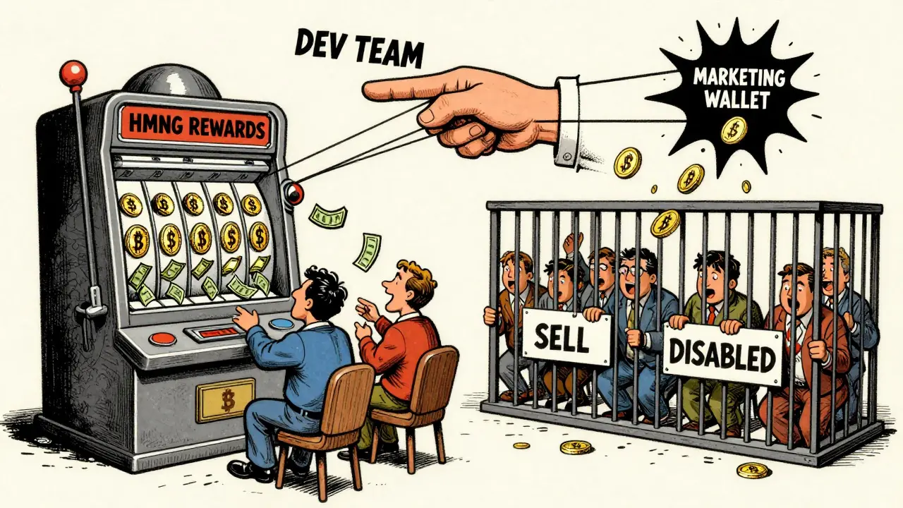 Retail investors trapped behind bars as a dev team controls a reward slot machine that drains money into a black hole.