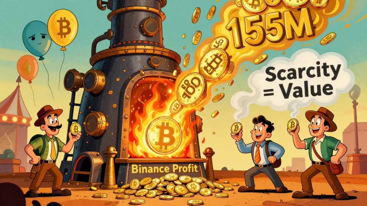 Retro-style burn ceremony where golden BNB coins vanish in a steampunk furnace, with users holding discount tickets.