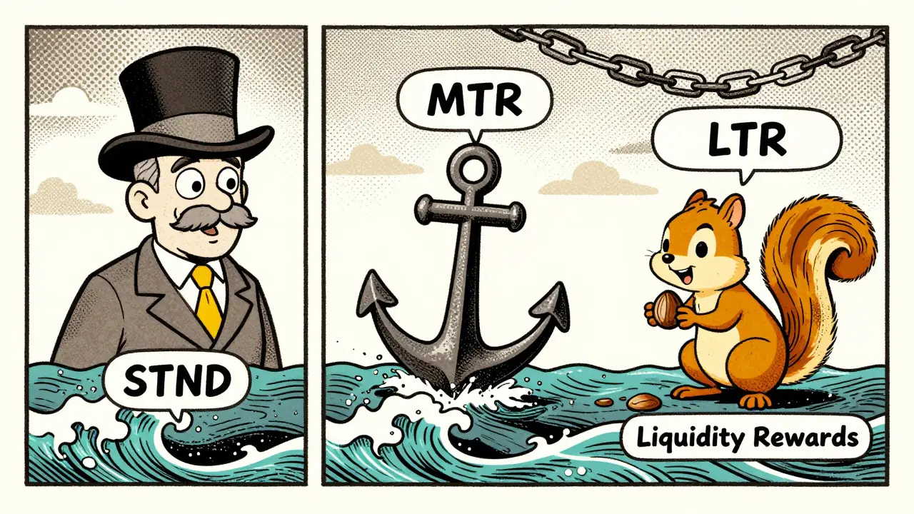 Three cartoon tokens: STND as a top-hat man, MTR as an anchor, LTR as a squirrel, in a stormy crypto sea with Polkadot sky.
