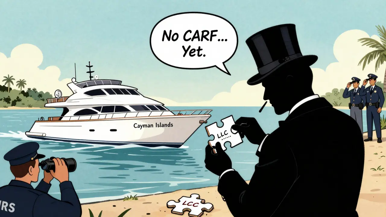 Vintage cartoon of offshore yacht in Cayman Islands with legal puzzle pieces and distant IRS agents.