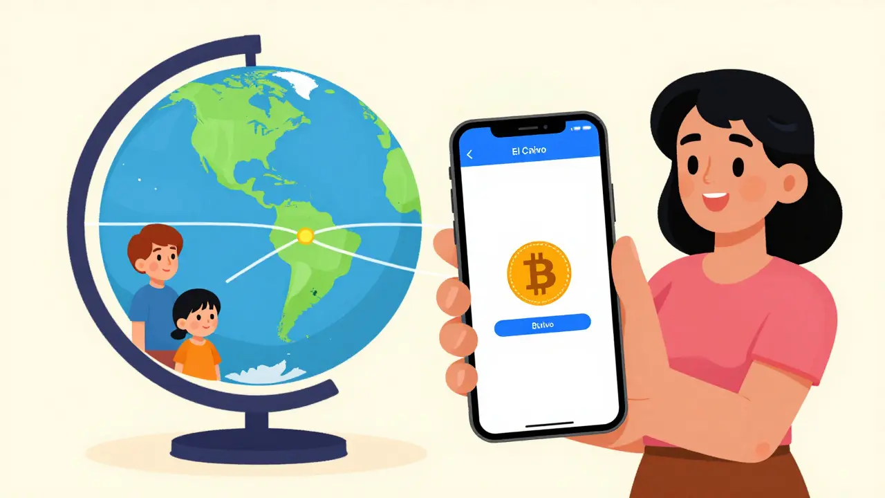 Woman in El Salvador sends Bitcoin to family using mobile wallet app.