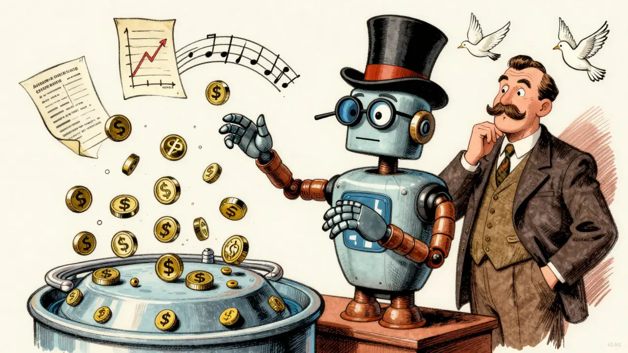 A bespectacled AI robot conductor balances liquidity pools like an orchestra while compliance reports fly like doves.