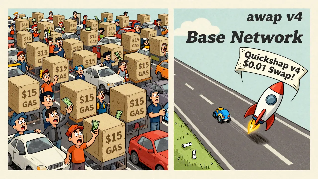 A cartoon traffic jam of expensive Ethereum swaps vs. a fast highway of cheap Base network transactions.