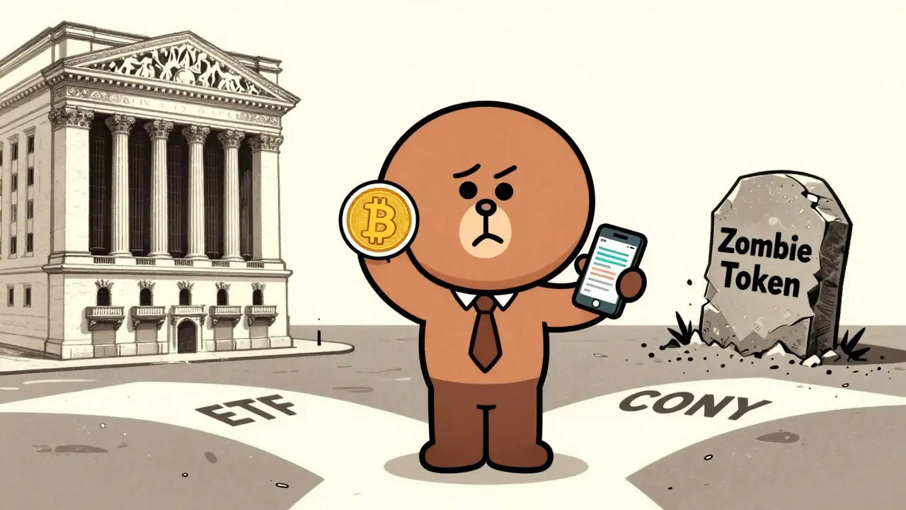 A confused investor torn between a crypto token and a financial ETF at a crossroads.