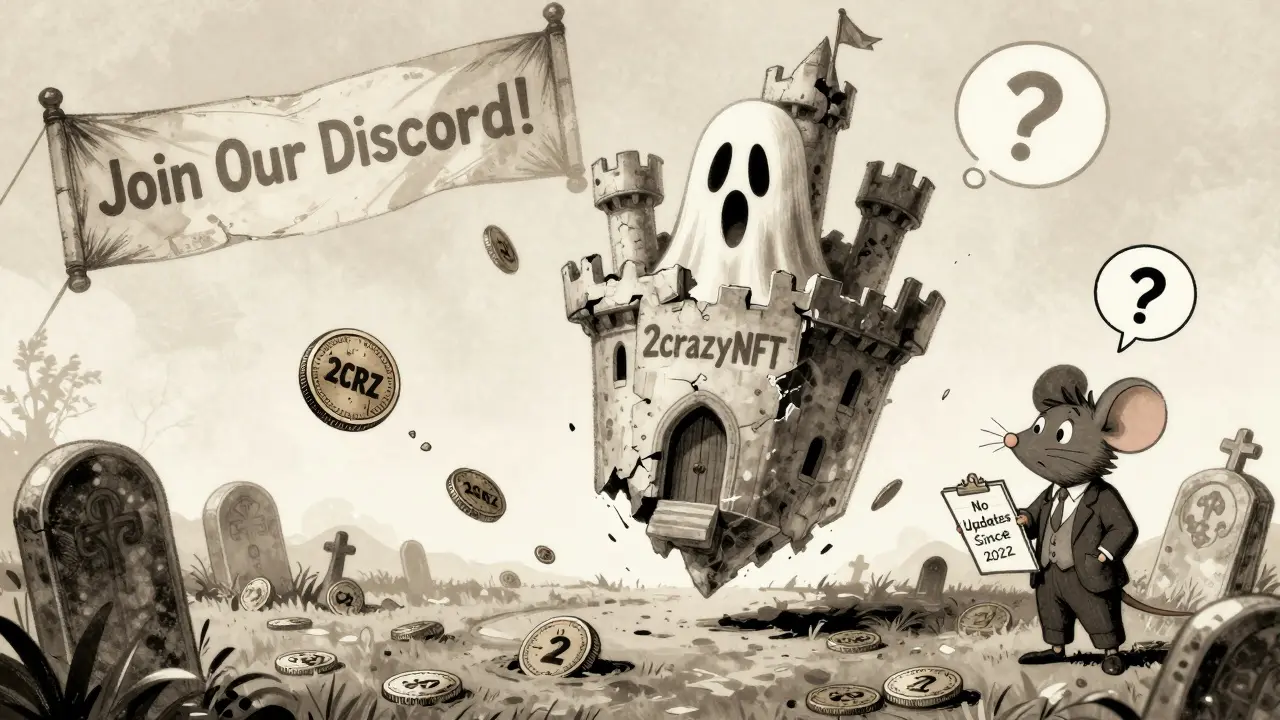 A crumbling NFT castle over a token graveyard with a single falling 2CRZ coin.
