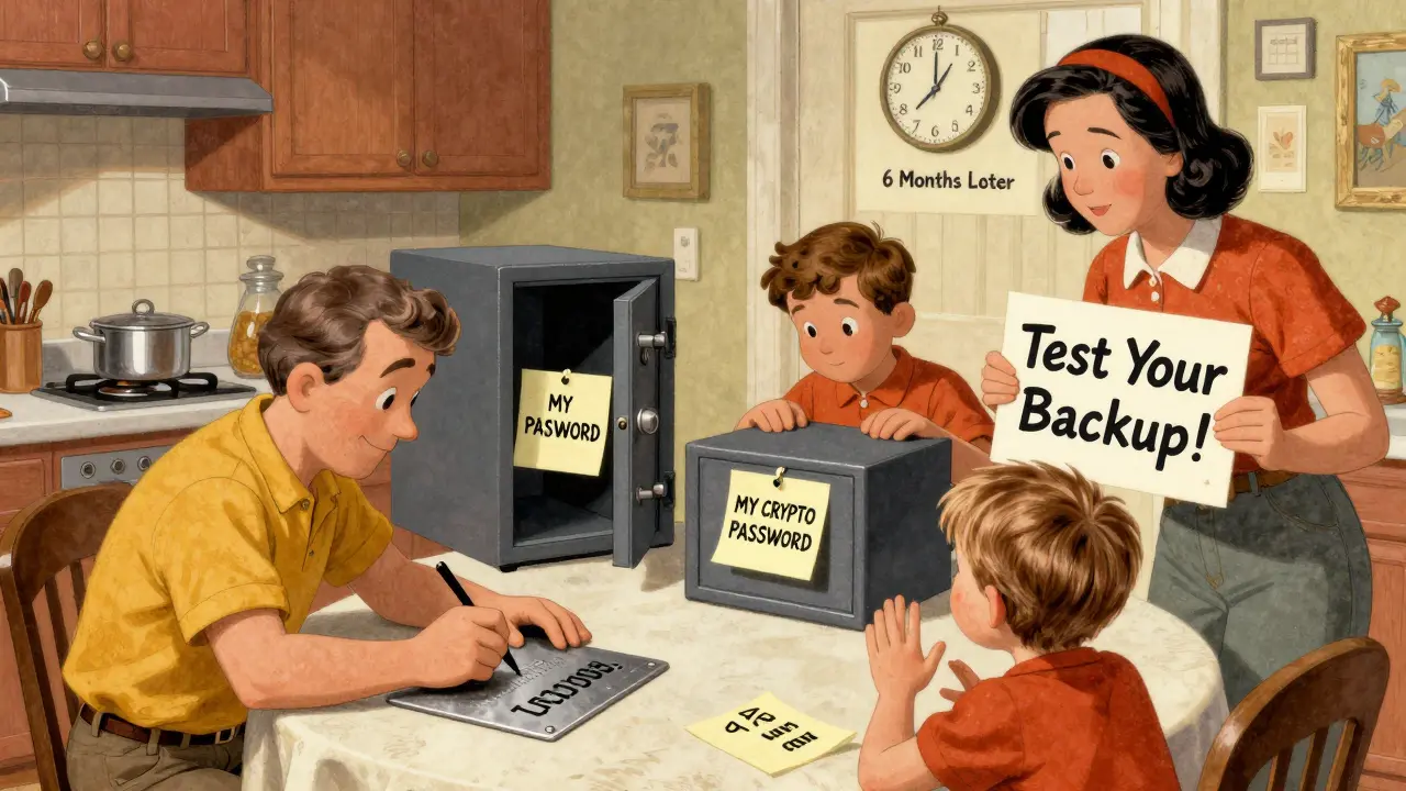 A family safely stores seed phrase copies in steel, safe, and bank box while stopping a child from stealing a sticky note.