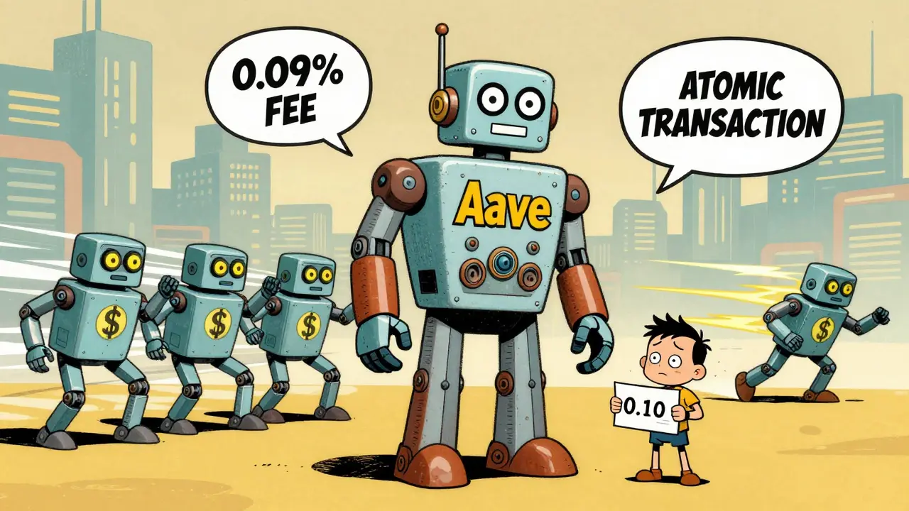 A giant robot labeled 'Aave' stands beside a tiny human with a <h2>Risks and Downsides</h2>.10 loan, while bots execute arbitrage.