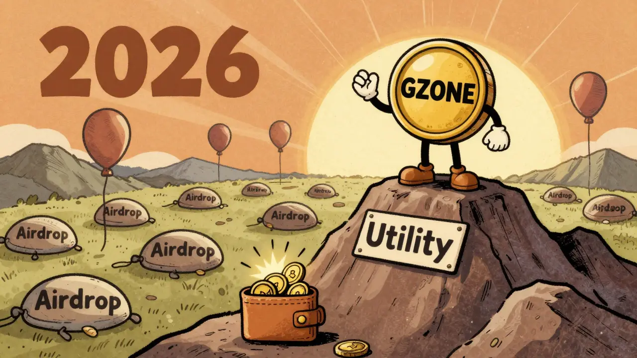 A GZONE token stands on a utility mountain, watching deflated 'Airdrop' balloons below, with reward sparks glowing around a staking wallet.