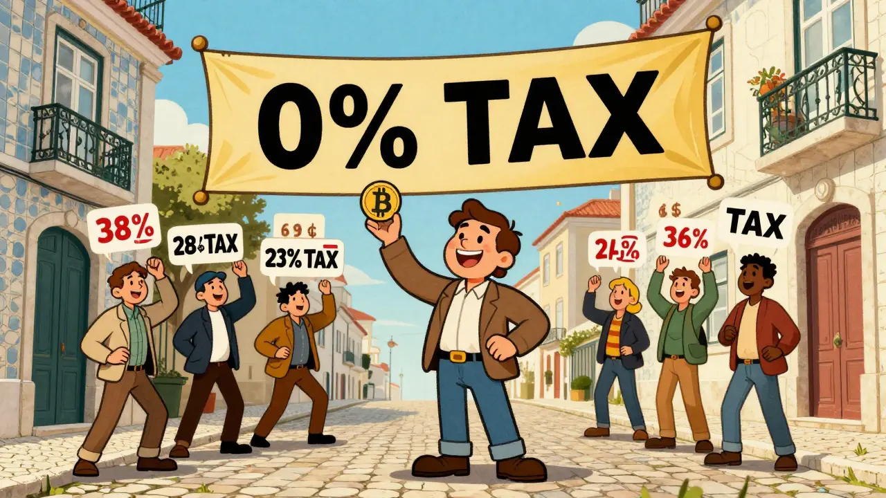 A happy crypto holder celebrating 0% tax on long-term Bitcoin gains, surrounded by others paying 28% on short-term trades and staking rewards.