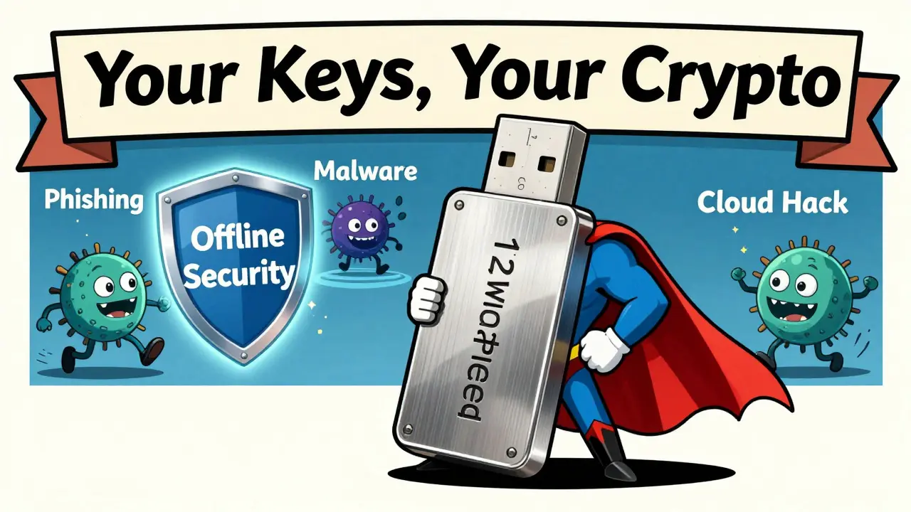 A hardware wallet superhero protects a steel seed phrase backup from digital monsters in vintage cartoon style.