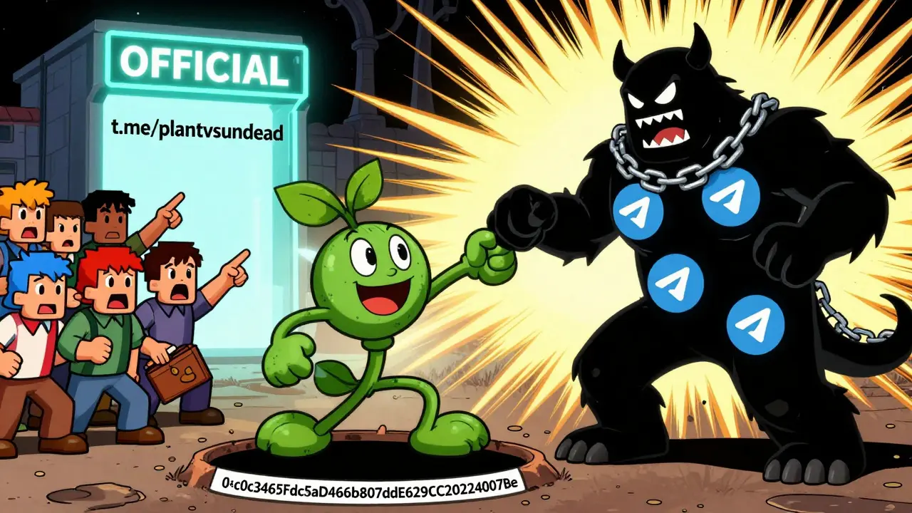 A heroic plant fights a scam monster as players fall into a wallet-shaped pit, with an official portal glowing in the background.