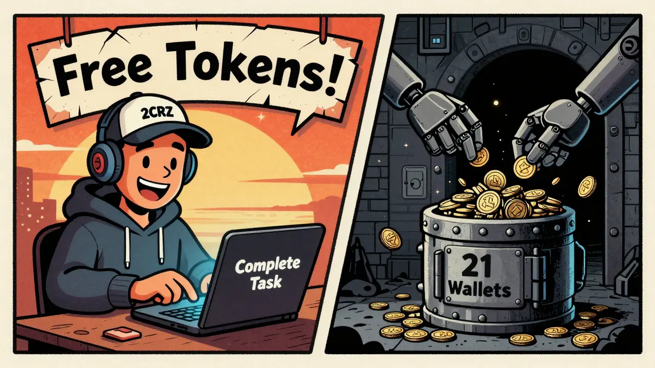 A hopeful gamer on one side, shadowy bots hoarding tokens on the other in vintage cartoon style.