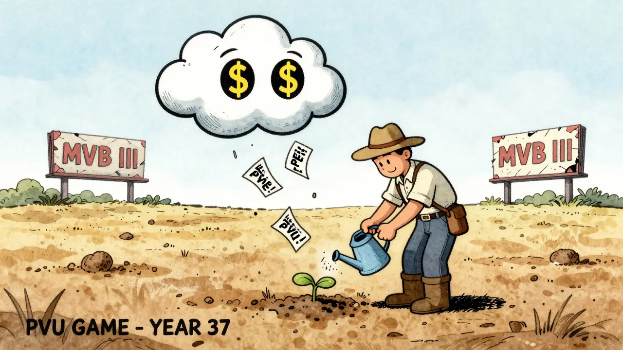 A lone farmer watering a small plant while a scammer cloud drops fake airdrop flyers that turn to ash.