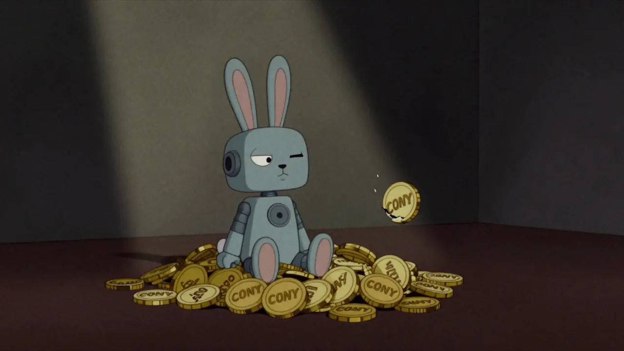 A lonely Cony robot sitting alone in an empty crypto liquidity pool, tokens fading away.