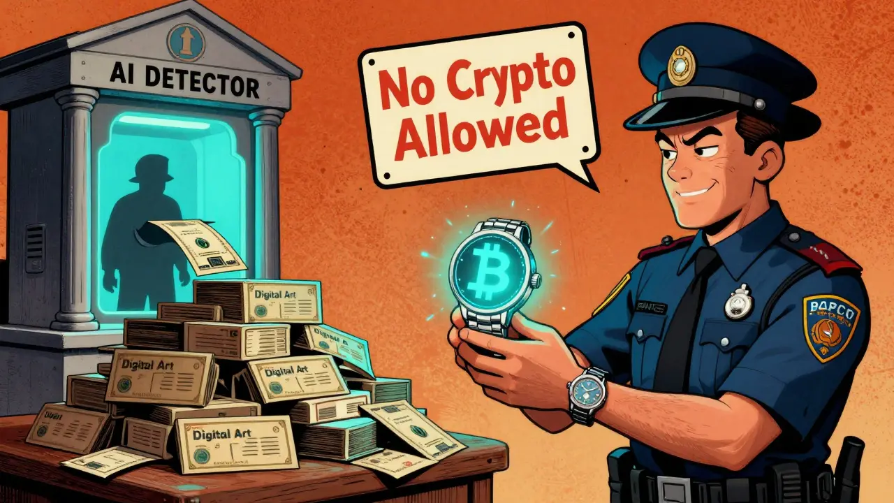 A man trades a watch for a USDT token while NFTs labeled 'Digital Art' are inspected by a comically clueless officer.
