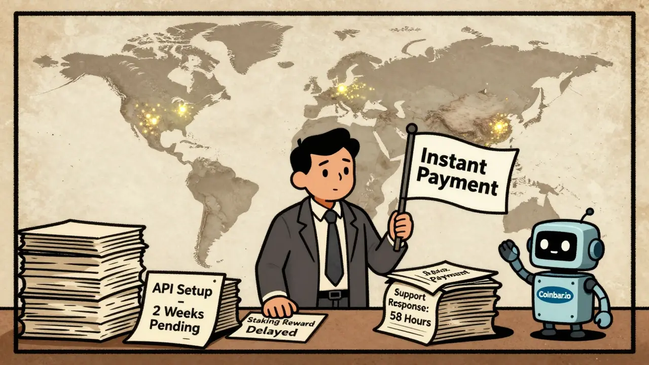 A merchant faces delays and broken promises from a crypto payment system, with a sparse global map showing minimal adoption.