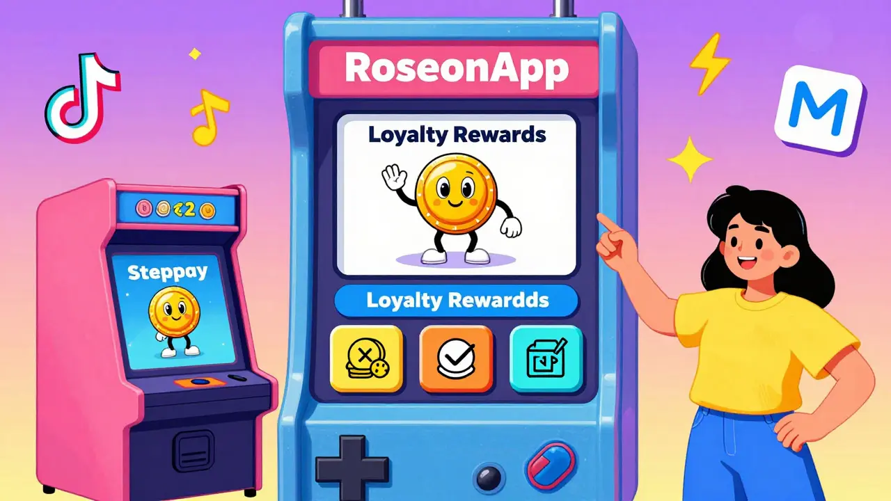A mobile app interface shown as an arcade game where a user earns loyalty points by trading and checking in, with a cheerful ROSX token on a scoreboard.