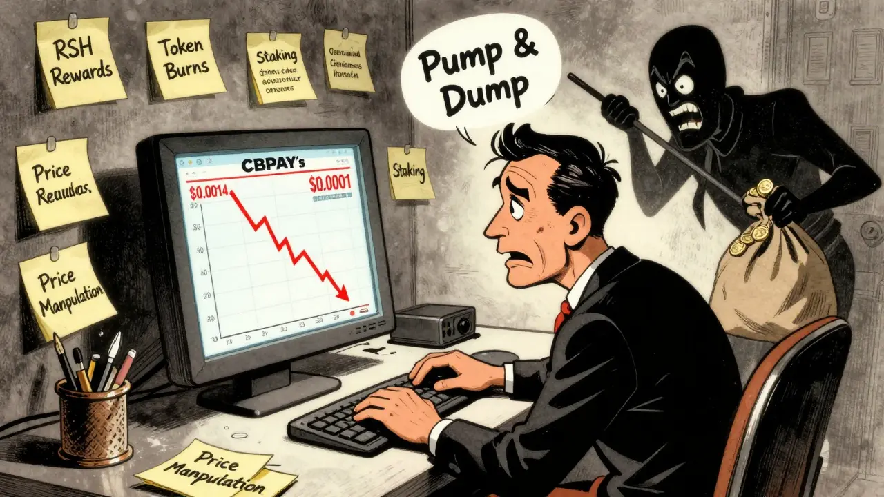 A person stares at a crashing CBPAY price chart while a shadowy figure manipulates the market, surrounded by confusing reward labels.