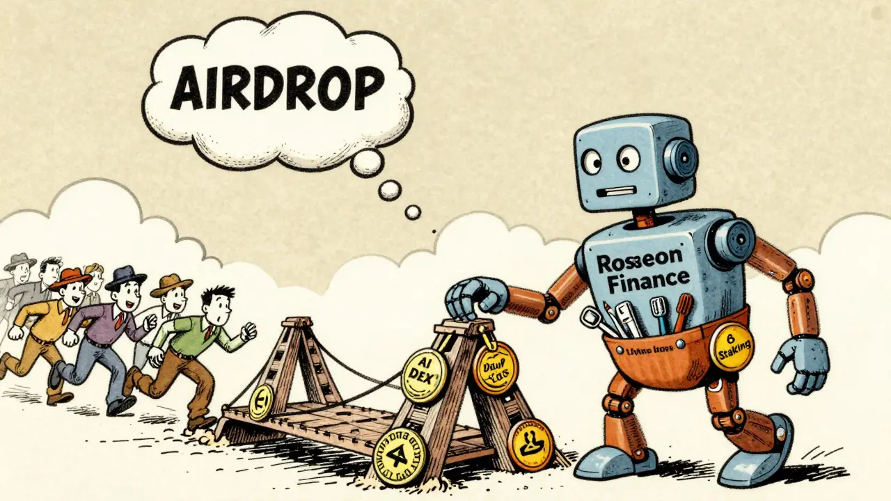 A quiet robot building a bridge of loyalty badges while others chase a disappearing 'Airdrop' balloon into the clouds.