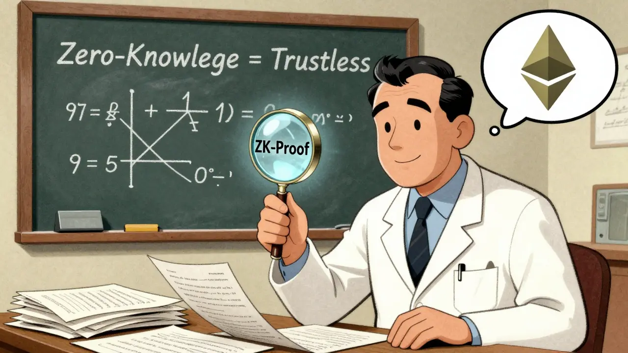 A scientist using a magnifying glass on ZK-proof math symbols, with Ethereum logo nodding in approval, vintage cartoon style.