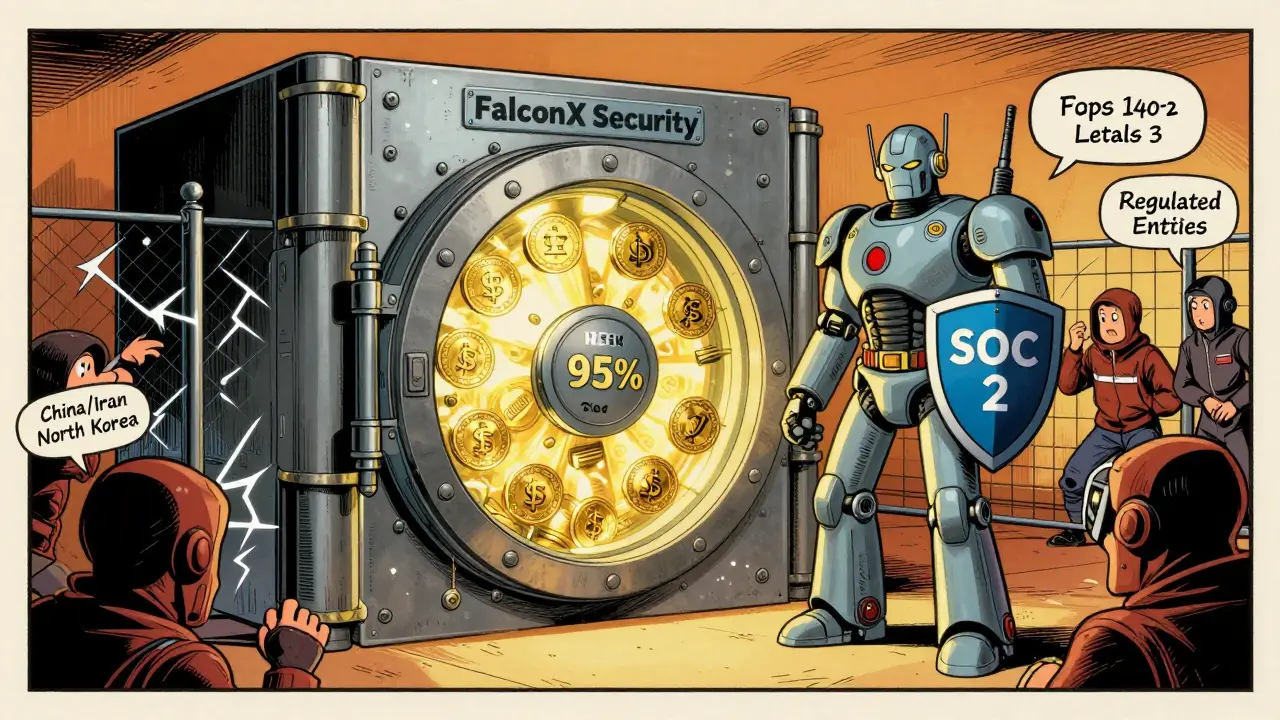 A secure vault guarded by a robot with FIPS 140-2 armor blocks hackers trying to enter.