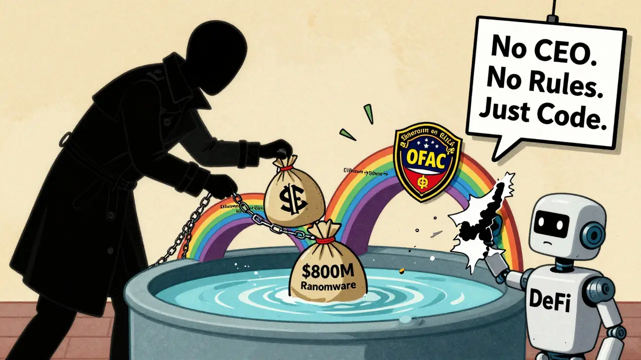 A shadowy figure uses a rainbow bridge to dump ransomware cash into a DeFi pool labeled 'No Rules Here' while a robot tears up an OFAC badge.